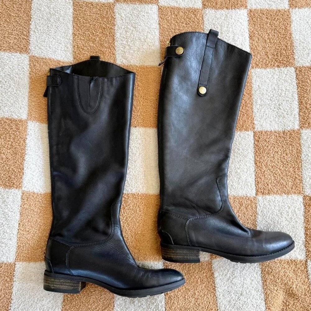 SAM EDELMAN BLACK KNEE HIGH BOOTS LEATHER BUCKLE WOMENS SIZE 6.5 - Picture 1 of 8